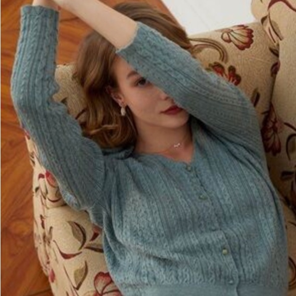 Simple Retro Women's Blue Green V Neck Cardigan